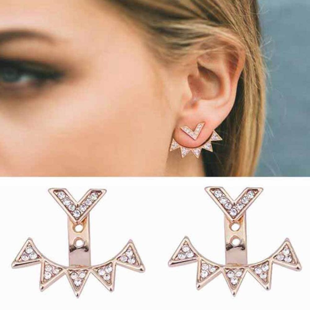 WOMENS GEOMETRIC JACKET STUD EARRINGS GOLD CRYSTAL